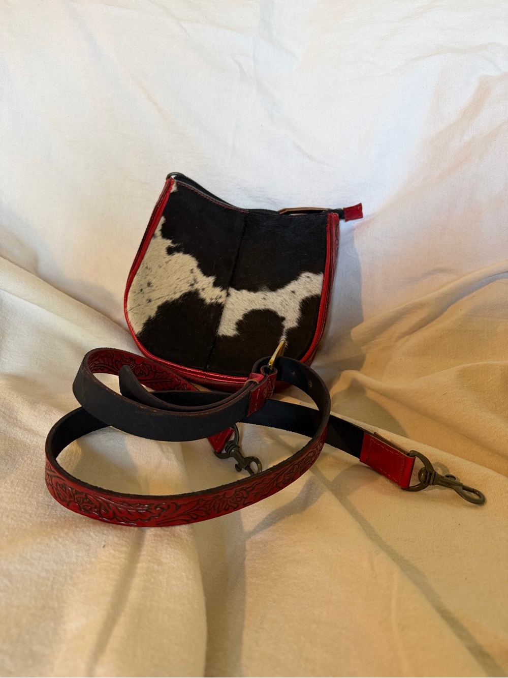 Leather Crossbody Bag with Black & White Cowhide and Red Trim
